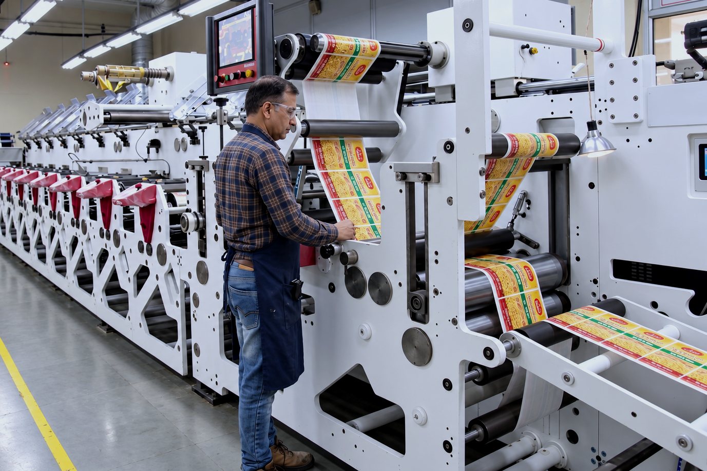 A Laser Dot press operator checking printed label web on the flexo line
