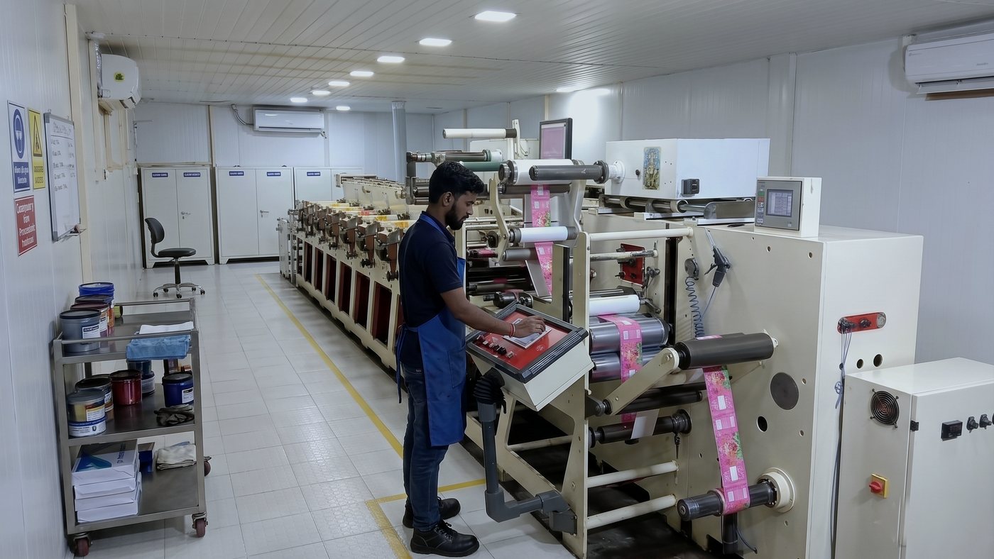 Multitec Ecoflex VSi eight-colour flexo press running a printed label web at Laser Dot
