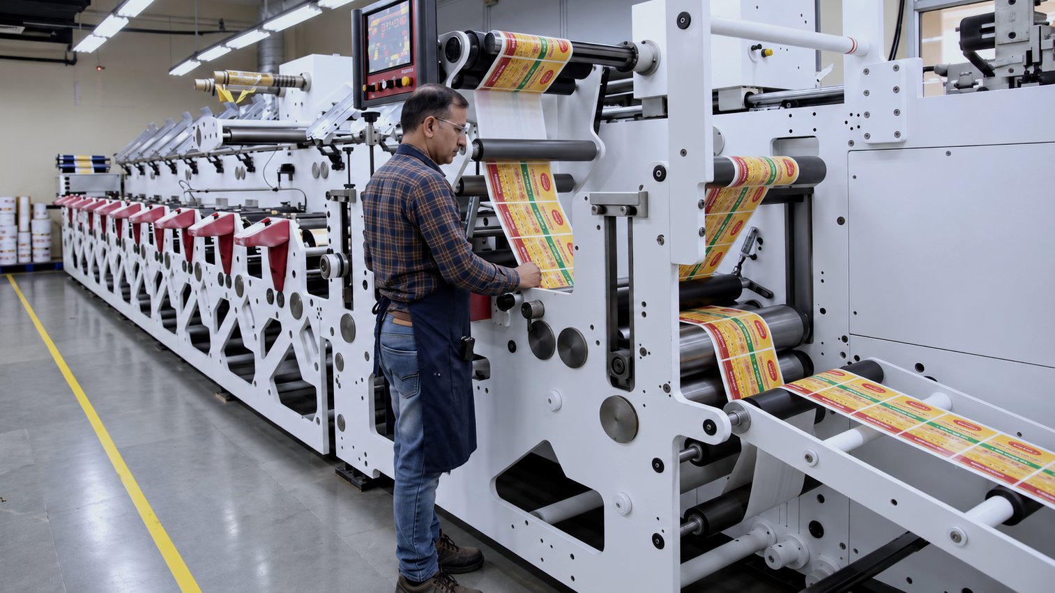Operator checking a printed label web on the Multitec S1 ten-colour flexo press at Laser Dot