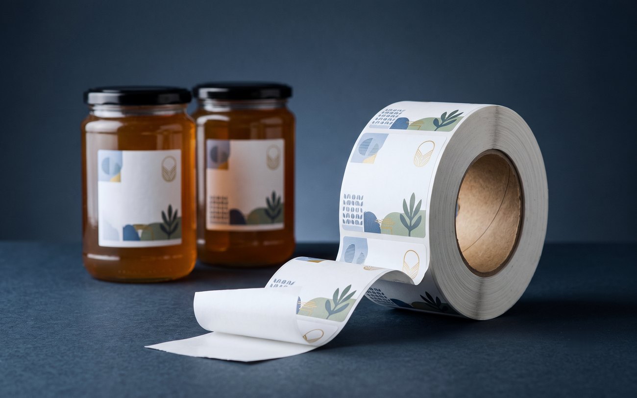 A roll of printed self-adhesive labels partly unwound beside two labelled glass jars