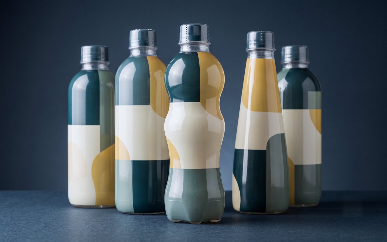 Plastic bottles decorated with full-body 360-degree shrink sleeves, including a waisted contoured bottle