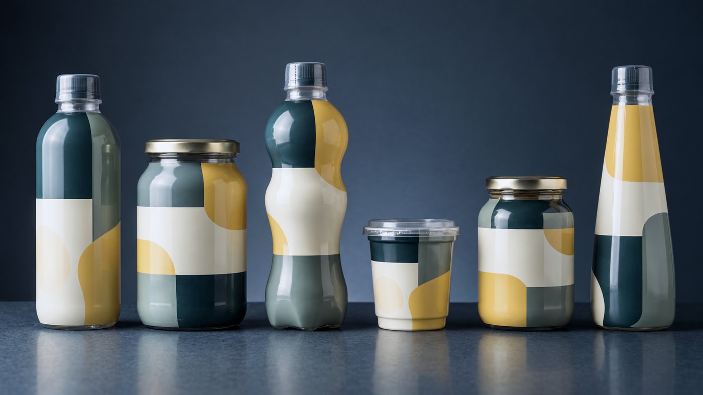 Six differently shaped containers each decorated with a full-body 360-degree shrink sleeve